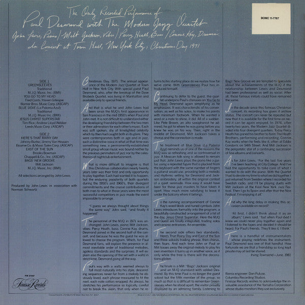 Paul Desmond With The Modern Jazz Quartet : The Only Recorded Performance Of Paul Desmond With The Modern Jazz Quartet (LP, Album)