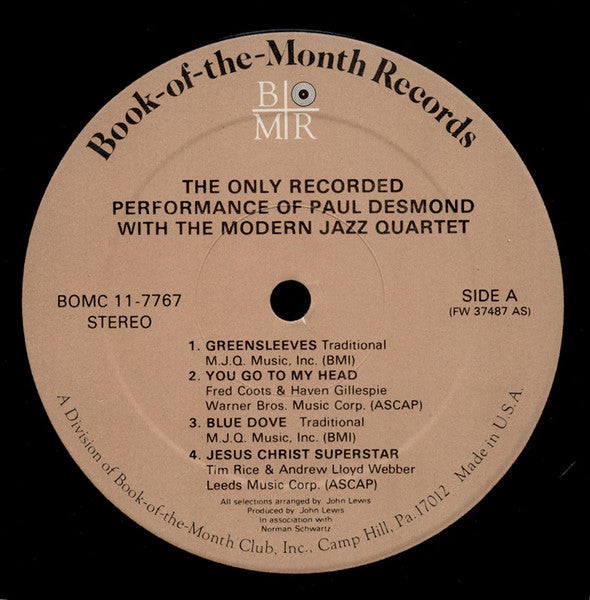 Paul Desmond With The Modern Jazz Quartet : The Only Recorded Performance Of Paul Desmond With The Modern Jazz Quartet (LP, Album)