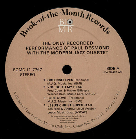Paul Desmond With The Modern Jazz Quartet : The Only Recorded Performance Of Paul Desmond With The Modern Jazz Quartet (LP, Album)