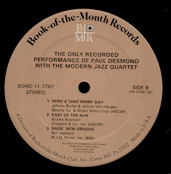 Paul Desmond With The Modern Jazz Quartet : The Only Recorded Performance Of Paul Desmond With The Modern Jazz Quartet (LP, Album)