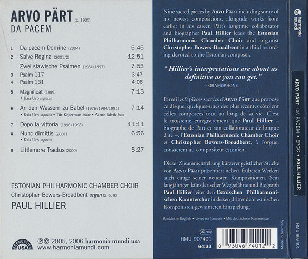 Arvo Pärt - Estonian Philharmonic Chamber Choir, Paul Hillier With Christopher Bowers-Broadbent : Da Pacem (CD, Album)