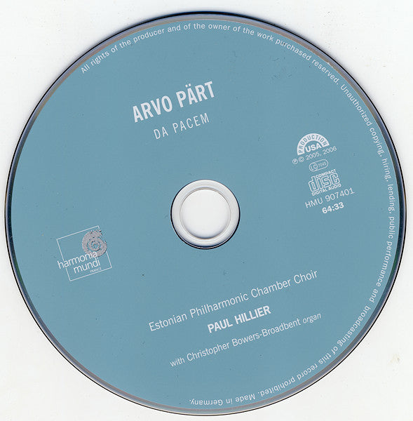 Arvo Pärt - Estonian Philharmonic Chamber Choir, Paul Hillier With Christopher Bowers-Broadbent : Da Pacem (CD, Album)