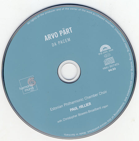 Arvo Pärt - Estonian Philharmonic Chamber Choir, Paul Hillier With Christopher Bowers-Broadbent : Da Pacem (CD, Album)