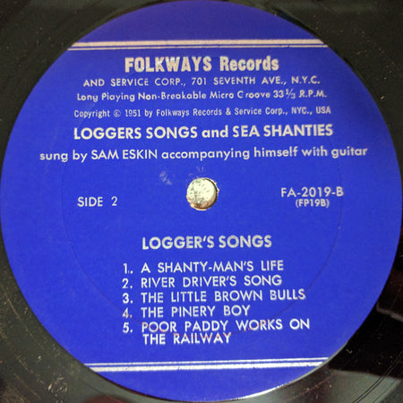 Sam Eskin : Sea Shanties And Loggers' Songs (10", Album, RE)