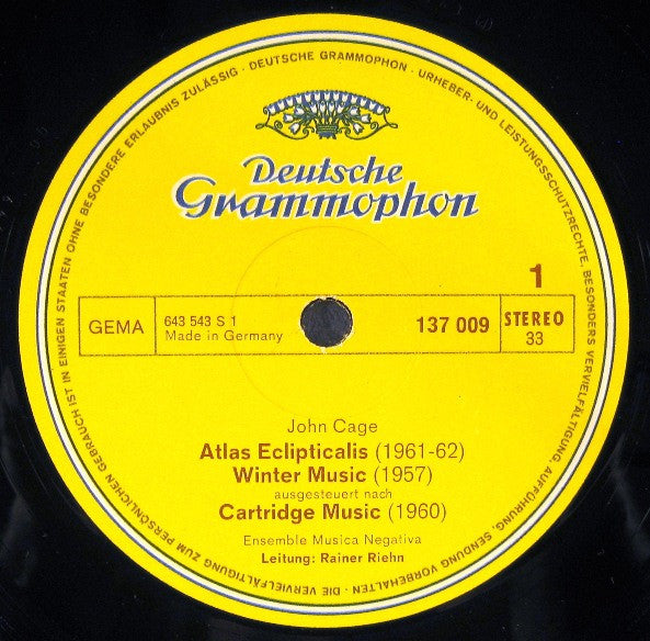 John Cage / Dieter Schnebel - Ensemble Musica Negativa, Rainer Riehn : Atlas Eclipticalis • Winter Music • Cartridge Music / Glossolalie (LP)