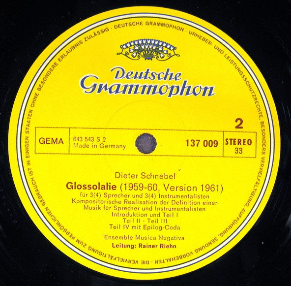 John Cage / Dieter Schnebel - Ensemble Musica Negativa, Rainer Riehn : Atlas Eclipticalis • Winter Music • Cartridge Music / Glossolalie (LP)