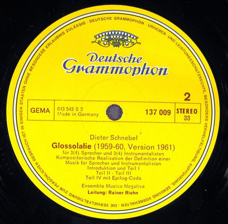 John Cage / Dieter Schnebel - Ensemble Musica Negativa, Rainer Riehn : Atlas Eclipticalis • Winter Music • Cartridge Music / Glossolalie (LP)