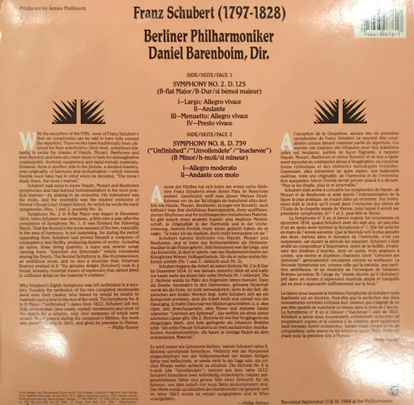 Franz Schubert - Daniel Barenboim - Berliner Philharmoniker : Symphonies Nos. 2 & 8 (LP)