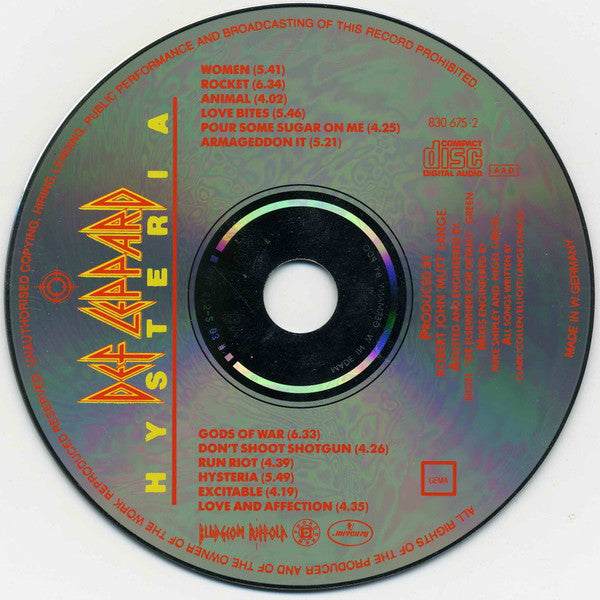 Def Leppard : Hysteria (CD, Album, PDO)