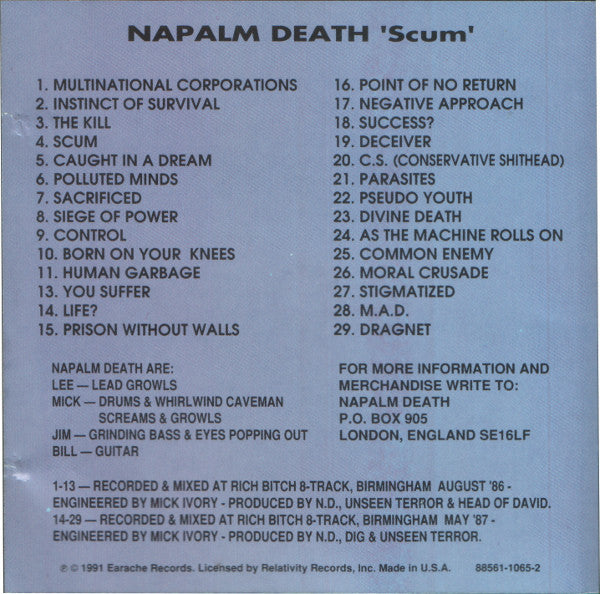Napalm Death : Scum (CD, Album, M/Print, RE)