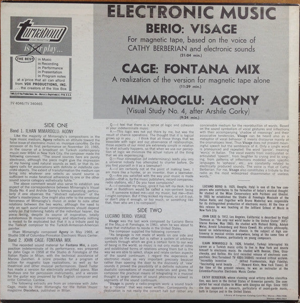 John Cage, Luciano Berio, Ilhan Mimaroglu : Electronic Music - Fontana Mix / Visage / Agony (LP, Album)
