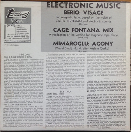 John Cage, Luciano Berio, Ilhan Mimaroglu : Electronic Music - Fontana Mix / Visage / Agony (LP, Album)