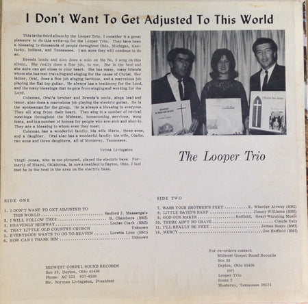 The Looper Trio : I Don't Want To Get Adjusted To This World (LP, Album, Yel)