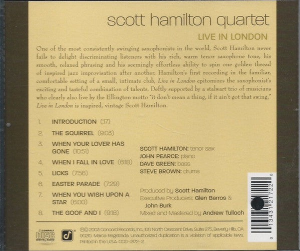 The Scott Hamilton Quartet : Live In London (CD, Album)