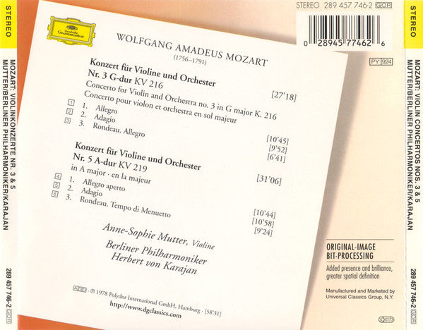Wolfgang Amadeus Mozart, Anne-Sophie Mutter, Berliner Philharmoniker, Herbert von Karajan : Violinkonzerte = Violin Concertos No. 3 KV 216 & No. 5 KV 219 (CD, Album, RE, RM, UML)