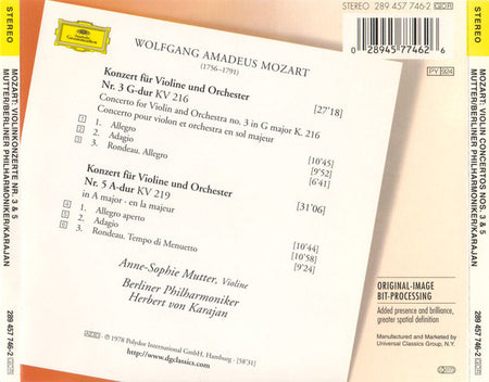 Wolfgang Amadeus Mozart, Anne-Sophie Mutter, Berliner Philharmoniker, Herbert von Karajan : Violinkonzerte = Violin Concertos No. 3 KV 216 & No. 5 KV 219 (CD, Album, RE, RM, UML)