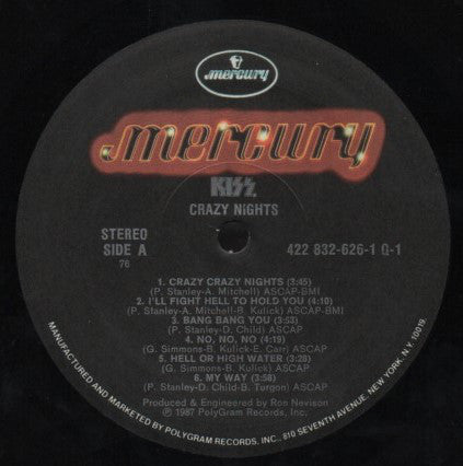 Kiss : Crazy Nights (LP, Album, 76)