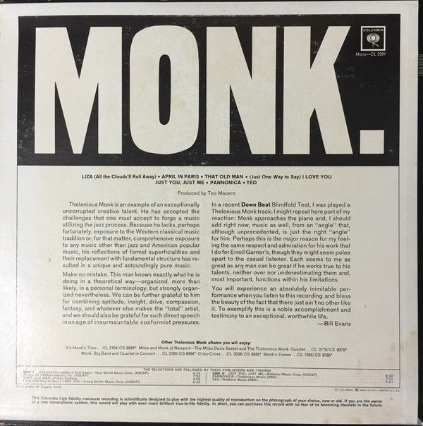 Thelonious Monk : Monk. (LP, Album, Mono)