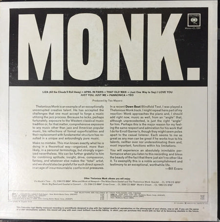 Thelonious Monk : Monk. (LP, Album, Mono)