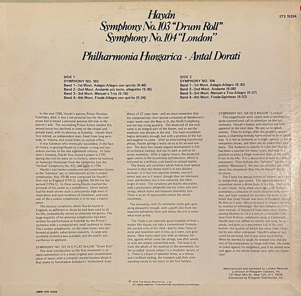 Haydn* - Antal Dorati, Philharmonia Hungarica : Symphony No. 103 ("Drum Roll") • Symphony No. 104 ("London") (LP, RE, RP)