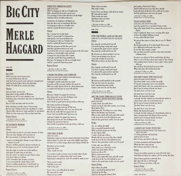 Merle Haggard : Big City (LP, Album, Pit)