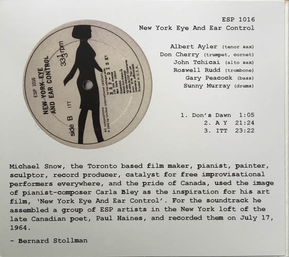 Albert Ayler, Don Cherry, John Tchicai, Roswell Rudd, Gary Peacock, Sunny Murray : New York Eye And Ear Control (CD, Album, RE, Dig)