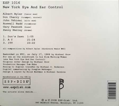 Albert Ayler, Don Cherry, John Tchicai, Roswell Rudd, Gary Peacock, Sunny Murray : New York Eye And Ear Control (CD, Album, RE, Dig)