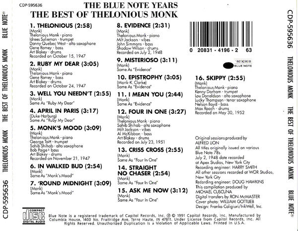 Thelonious Monk : The Best Of Thelonious Monk (CD, Comp, Club)