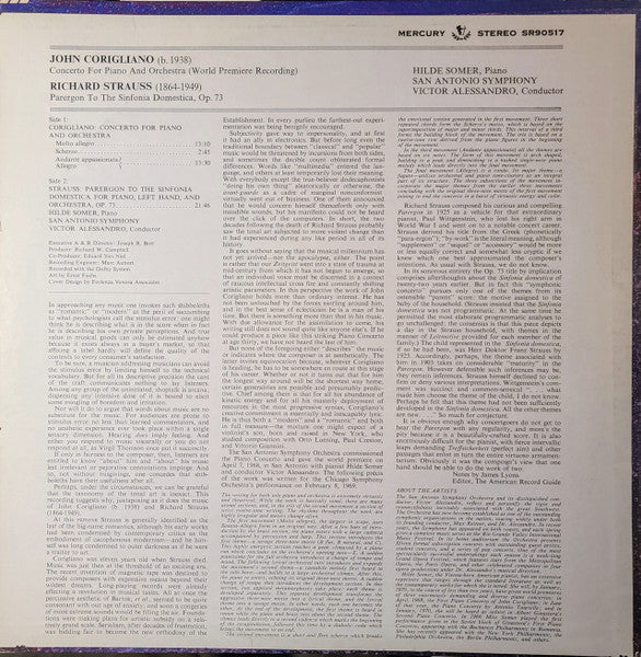 John Corigliano / Richard Strauss, Hilde Somer / San Antonio Symphony Orchestra / Victor Alessandro : Concerto for Piano and Orchestra / Parergon To The Sinfonia Domestica (LP, Ind)