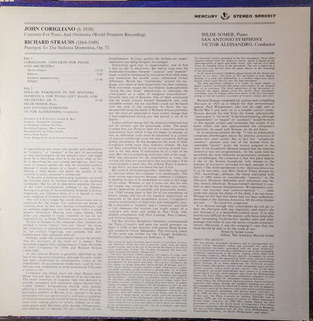 John Corigliano / Richard Strauss, Hilde Somer / San Antonio Symphony Orchestra / Victor Alessandro : Concerto for Piano and Orchestra / Parergon To The Sinfonia Domestica (LP, Ind)