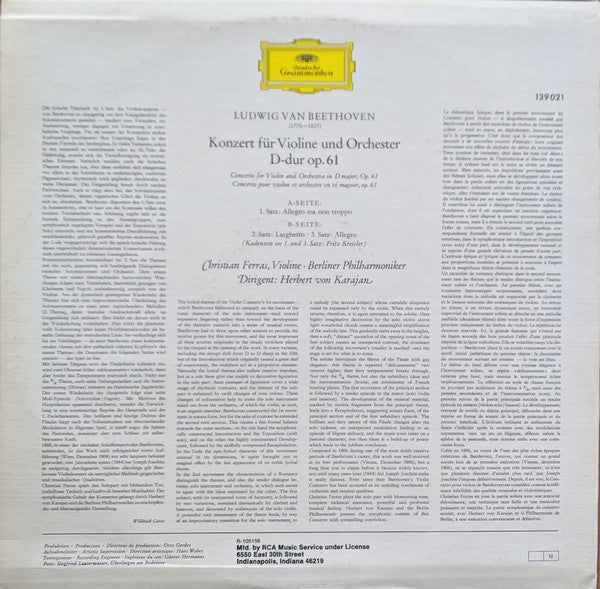Beethoven* - Christian Ferras, Herbert von Karajan, Berlin Philharmonic* : Violin Concerto (LP, Album, Club, RE)