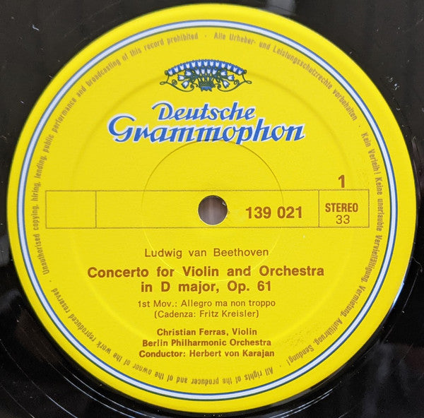 Beethoven* - Christian Ferras, Herbert von Karajan, Berlin Philharmonic* : Violin Concerto (LP, Album, Club, RE)