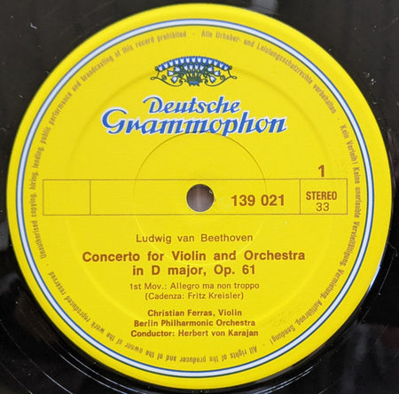 Beethoven* - Christian Ferras, Herbert von Karajan, Berlin Philharmonic* : Violin Concerto (LP, Album, Club, RE)