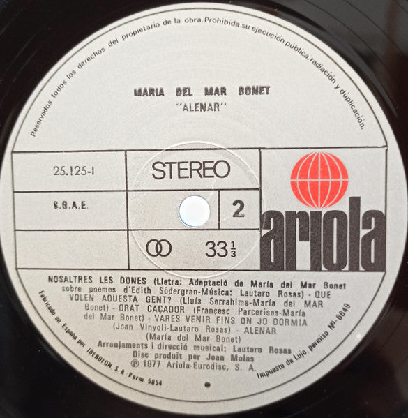 Maria Del Mar Bonet : Alenar (LP, Album, RE, Gat)