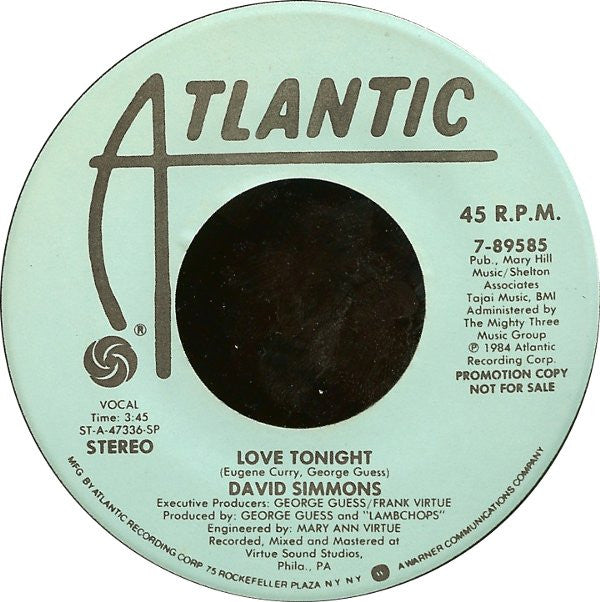 David Simmons (2) : Love Tonight (7", Promo)