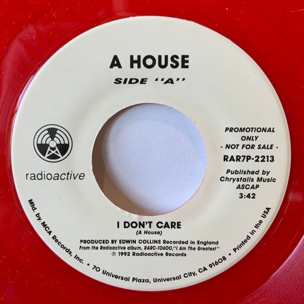 A House : I Don't Care / I Am The Greatest (7", Single, Promo, Red)