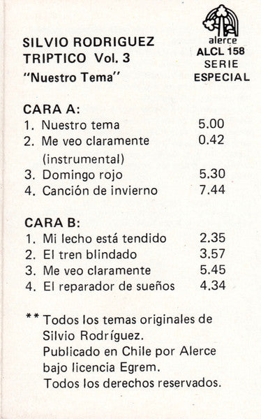 Silvio Rodríguez : Tríptico Vol. 3 "Nuestro Tema" (Cass, Album, RE, Whi)