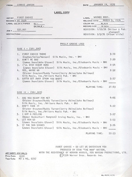 First Choice : So Let Us Entertain You (LP, Album, TP)