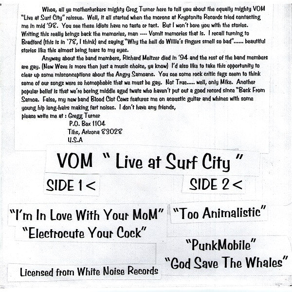 Vom (4) : Live At Surf City (7", EP, RE, Unofficial)