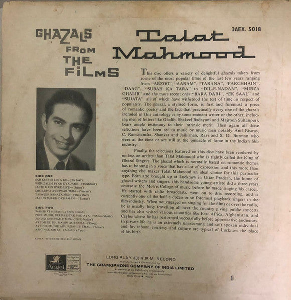 Talat Mahmood : Ghazals From The Films (The Love Songs Of Talat Mahmood) (LP, Comp)