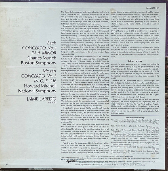 Jaime Laredo, Boston Symphony Orchestra, National Symphony Orchestra, Howard Mitchell, Charles Munch / Johann Sebastian Bach, Wolfgang Amadeus Mozart : Two Violin Concerto Masterpieces (LP)