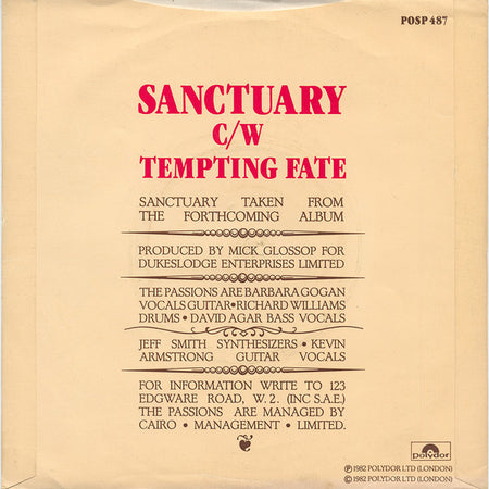 The Passions : Sanctuary (7", Single)