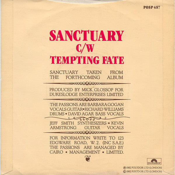 The Passions : Sanctuary (7", Single)