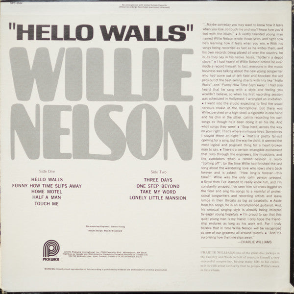 Willie Nelson : Hello Walls (LP, Comp, RE)