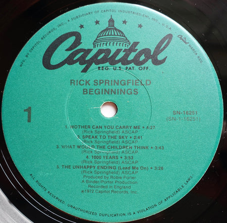 Rick Springfield : Beginnings (LP, Album, RE, Jac)
