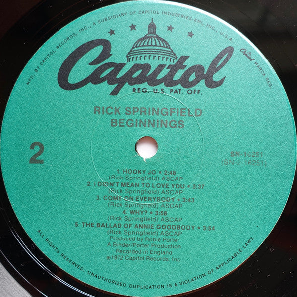 Rick Springfield : Beginnings (LP, Album, RE, Jac)