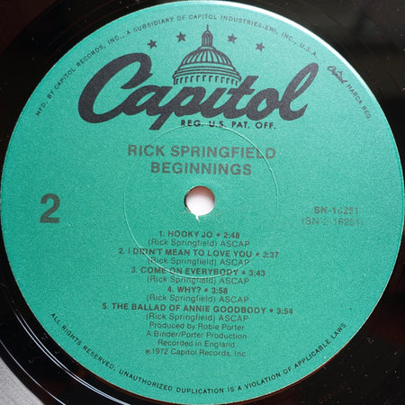 Rick Springfield : Beginnings (LP, Album, RE, Jac)