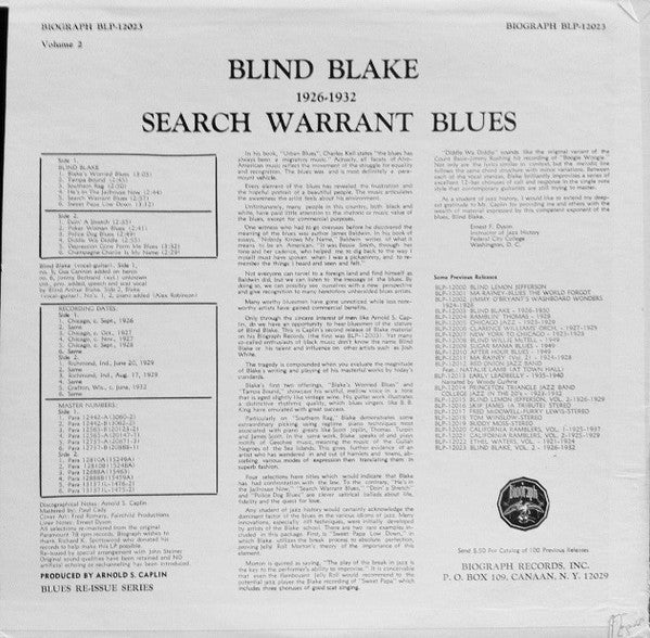 Blind Blake : 1926-32 Search Warrant Blues Volume Two (LP, Comp)