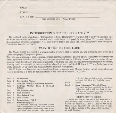 Carver Electronics Corporation : Introduction To Sonic Holography™ (Flexi, 6", Shape, S/Sided, Card, Smplr, Cle)