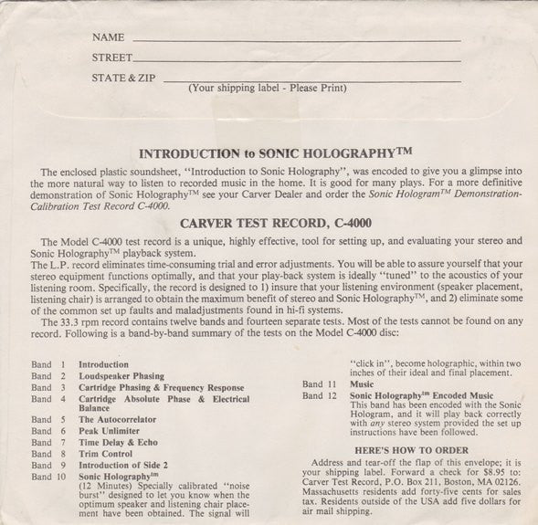 Carver Electronics Corporation : Introduction To Sonic Holography™ (Flexi, 6", Shape, S/Sided, Card, Smplr, Cle)